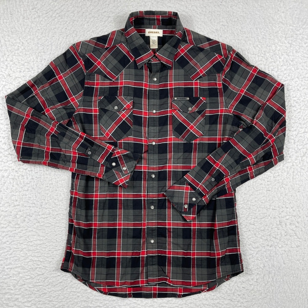 Diesel Shirt Mens Large Red Black Plaid Pearl Snap Western Long Sleeve Casual